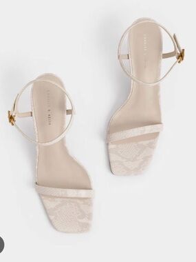 Charles & Keith Nude Snake Embossed Gold Cap Heel Sandals | Size 39 square toe
